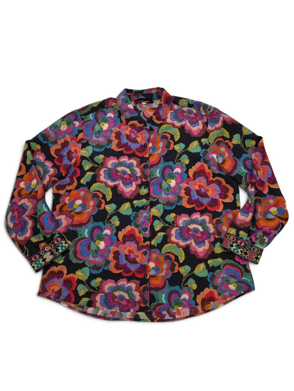 Johnny Was Workshop XL Floral Silk Blouse Boho Embroidered Cuffs Button Down